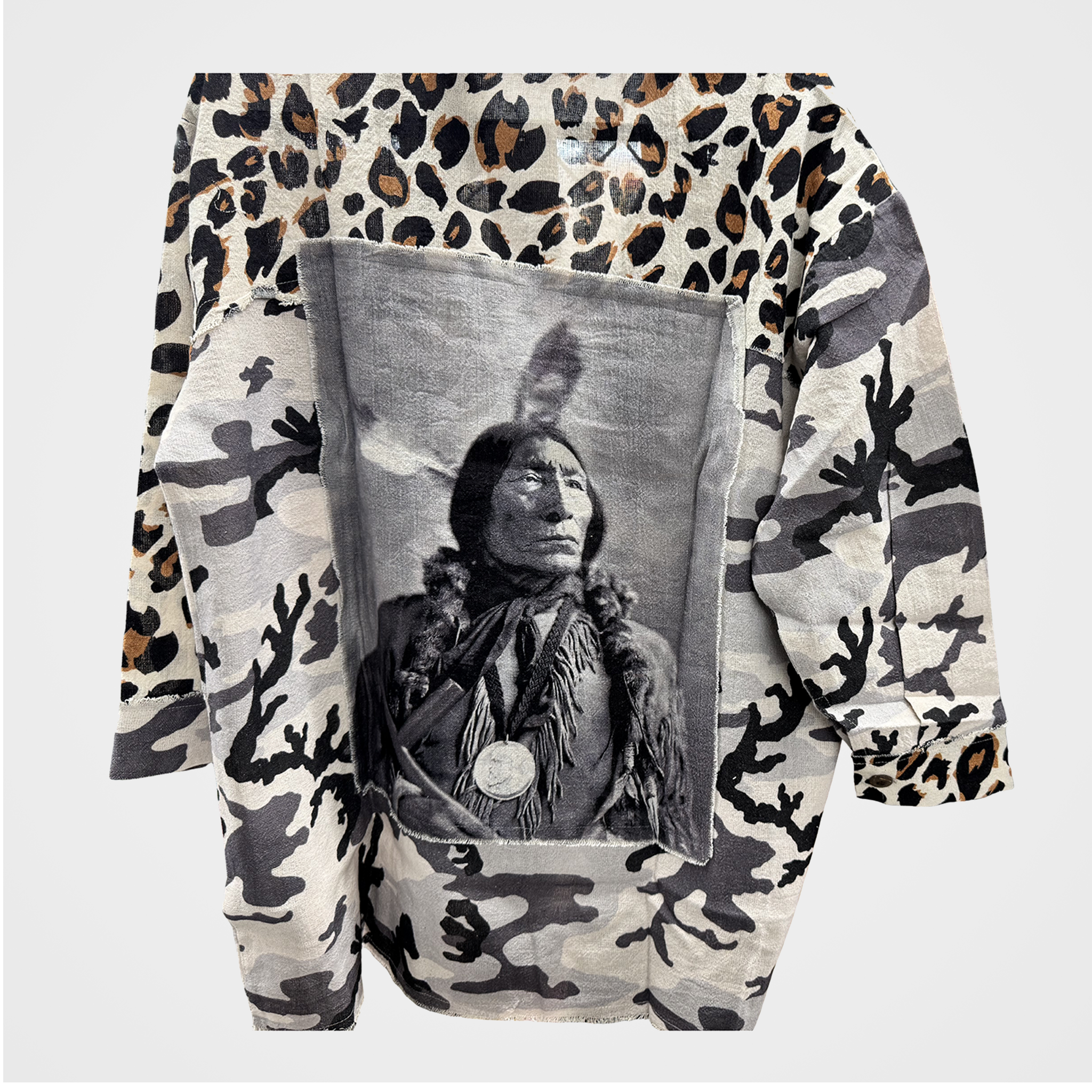 Collared Blouse with Leopard-Camo on Front, Native Chief on Back