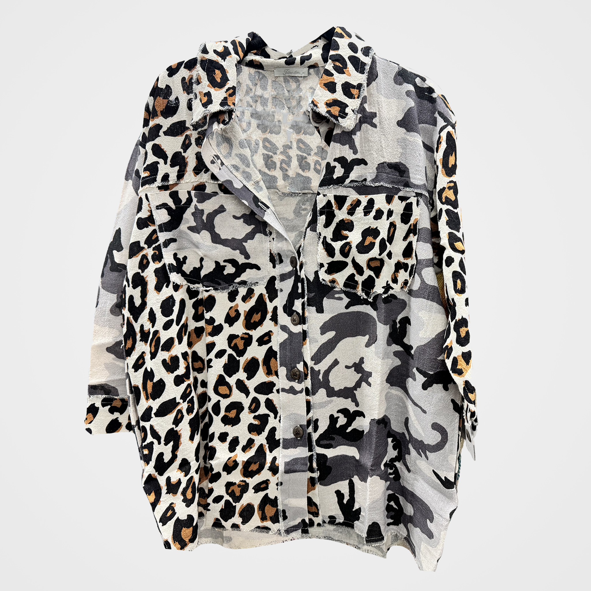 Collared Blouse with Leopard-Camo on Front, Native Chief on Back