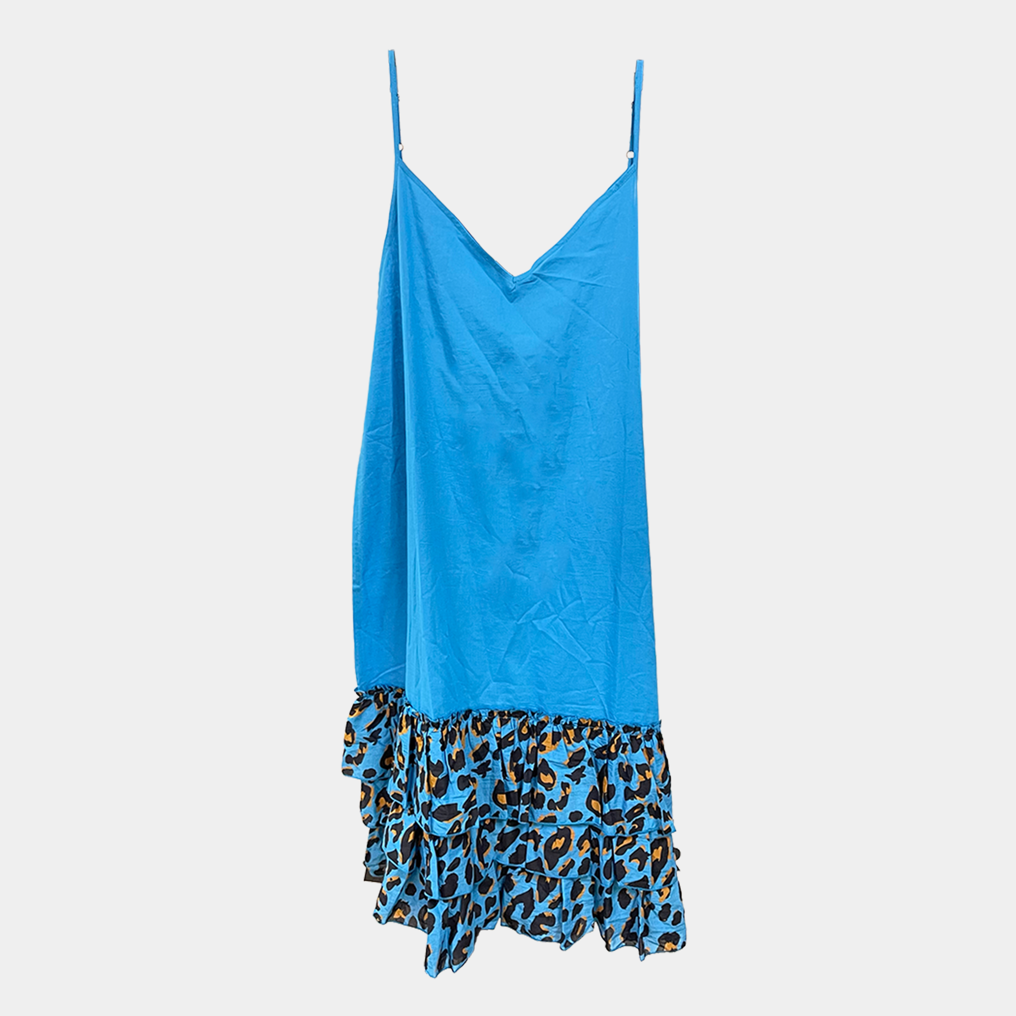 Blue slip dress with leopard print hem. Teresa Giamos