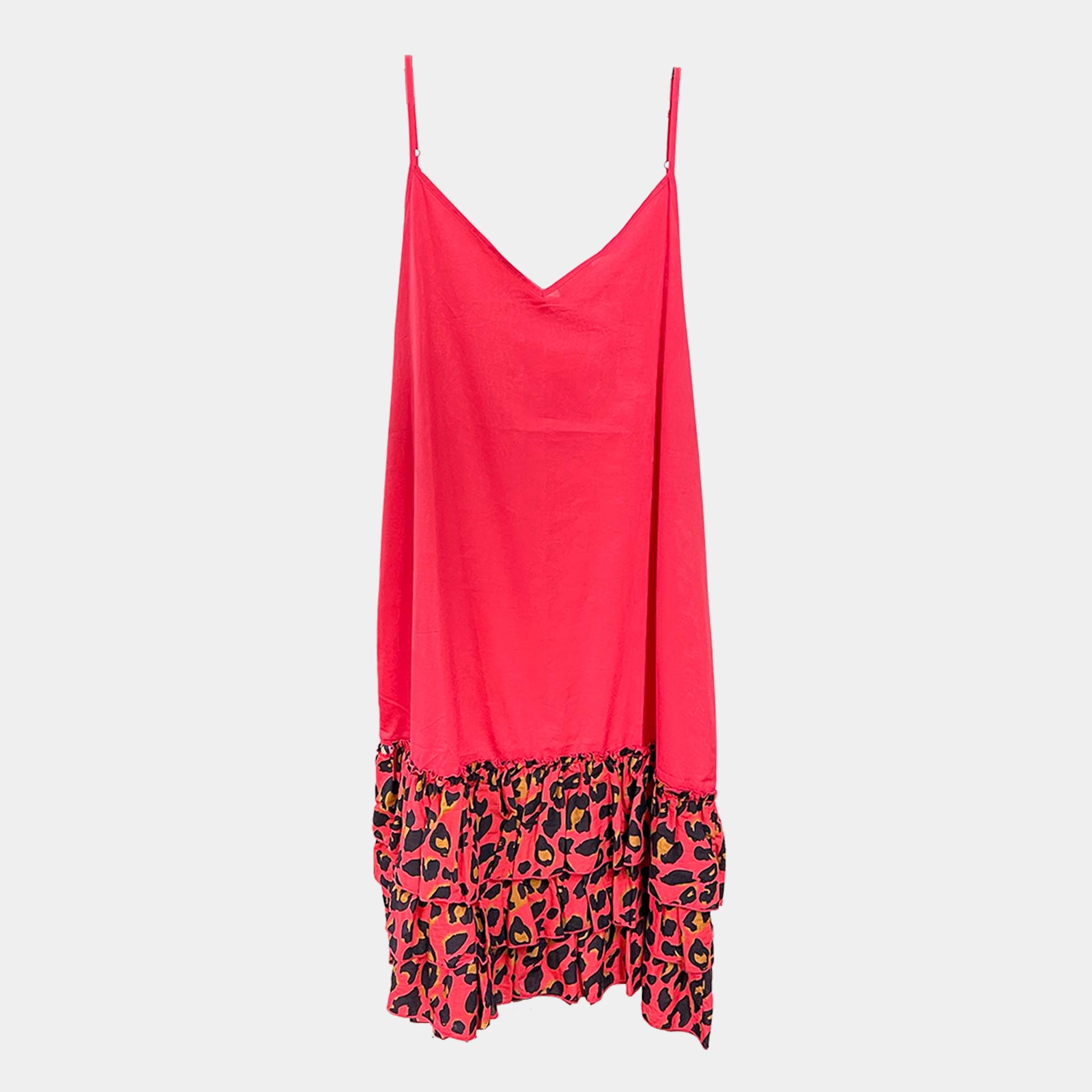 Red pink slip dress with leopard print hem on a white background Teresa Giamos