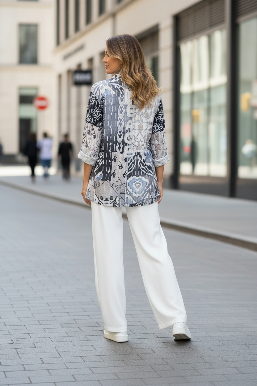 A long-sleeve button-up blazer shown from the back, featuring an abstract, painterly pattern in beige, black, gray, and white with the word 'PEACE' printed vertically.