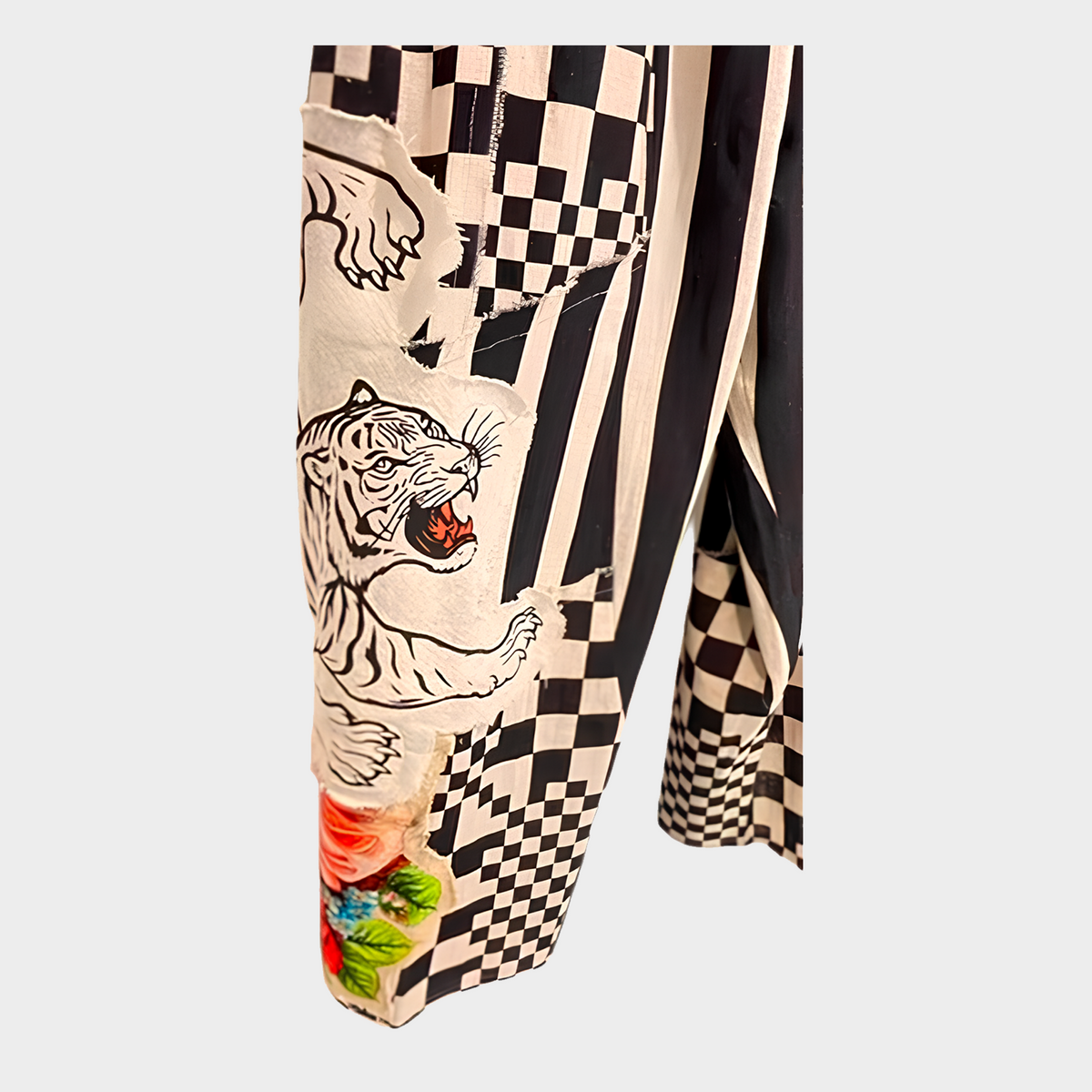 Black and Ivory Checked/Striped Cuffed Pant with Tiger and Rose Appliques