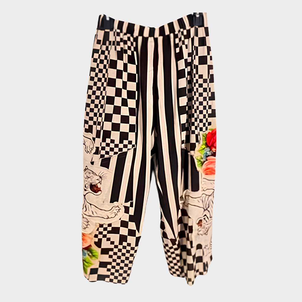 Black and Ivory Checked/Striped Cuffed Pant with Tiger and Rose Appliques