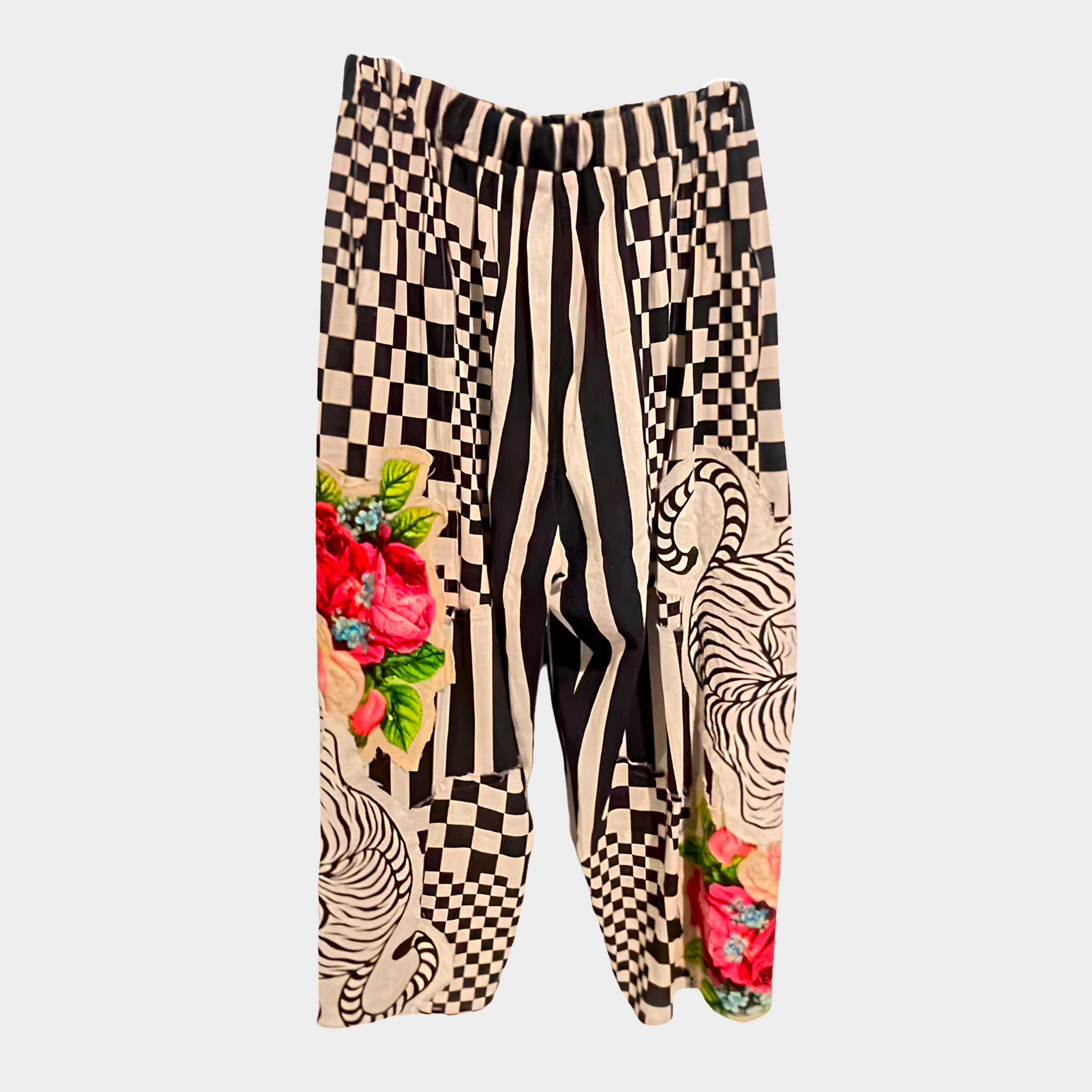 Black and Ivory Checked/Striped Cuffed Pant with Tiger and Rose Appliques