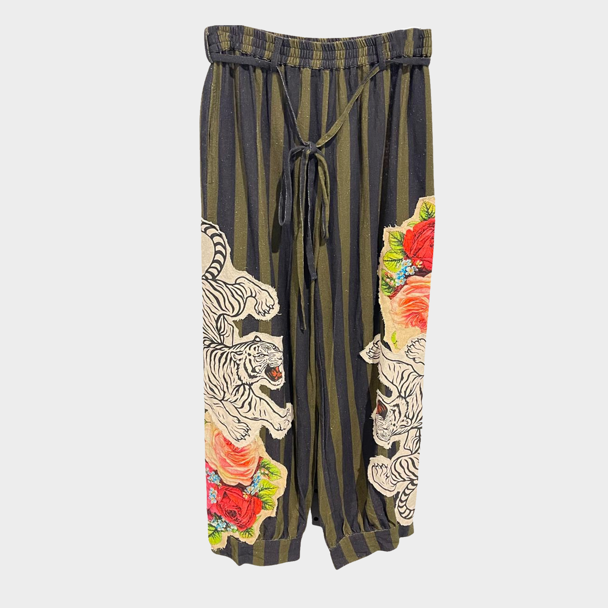Harem Pant in Black & Olive with Printed Tiger & Rose Appliques