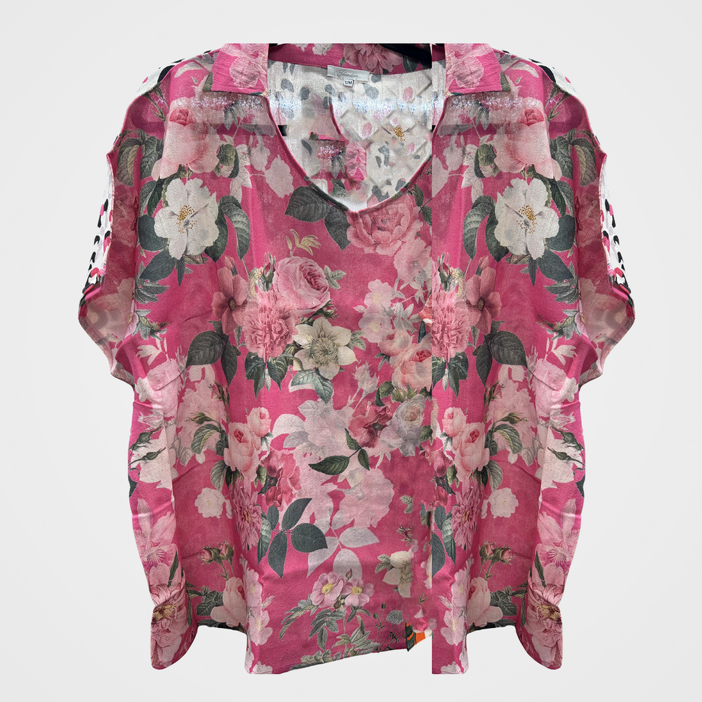 Collared Pink Blouse with Floral on Front, Leopard Spots on Back