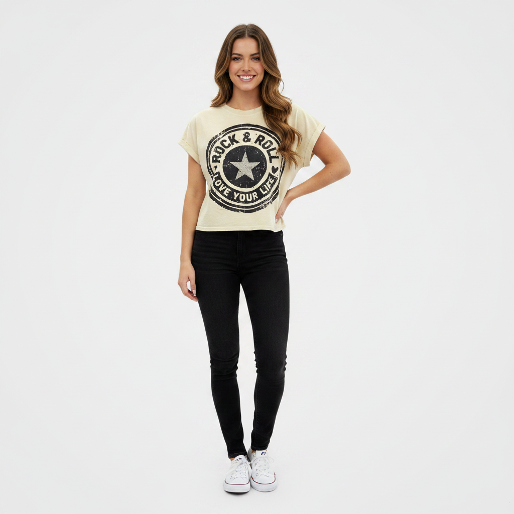 Beige t-shirt with 'Rock & Roll Love Your Life' graphic design on a white background