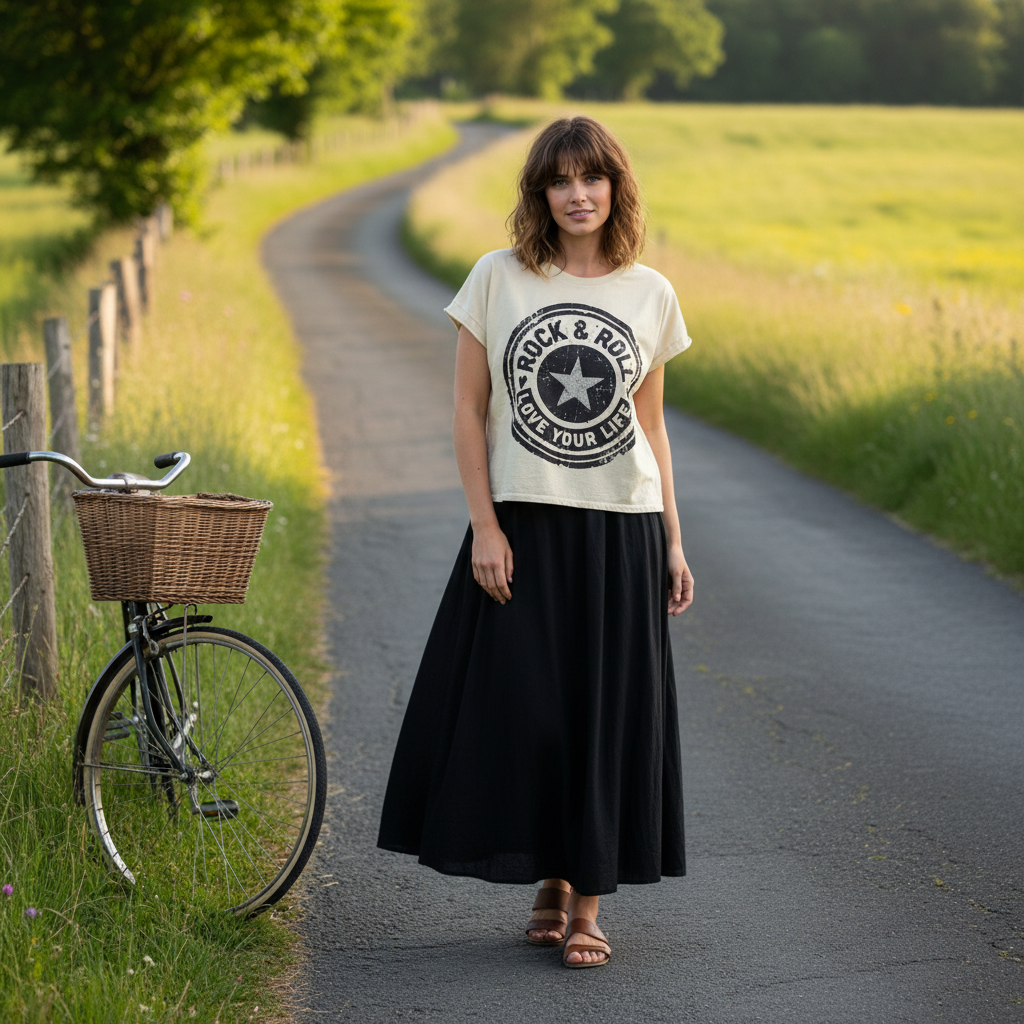 Beige t-shirt with 'Rock & Roll Love Your Life' graphic design on a woman standing on a country road.