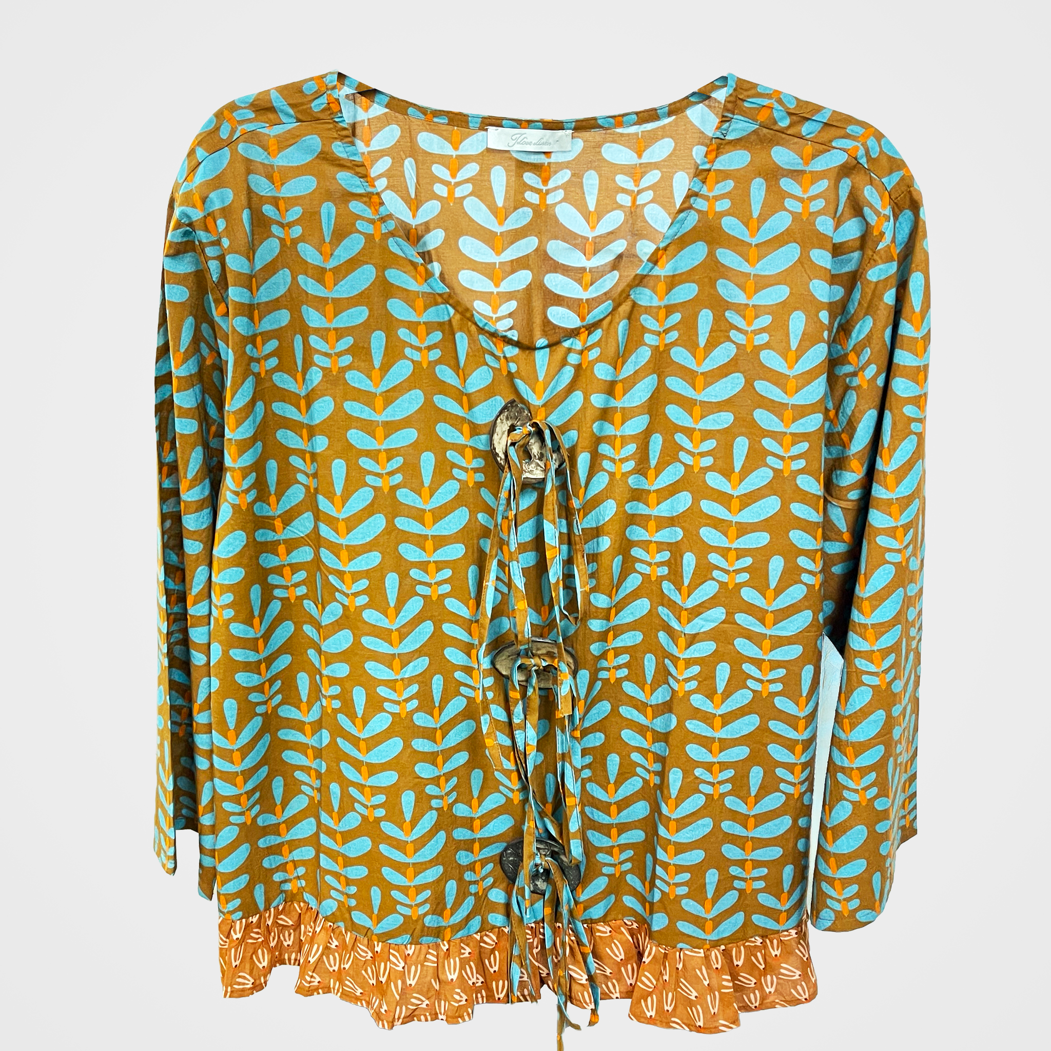 Botanical Print Blouse with Ditsy Print Ruffle Hem | $42 Each