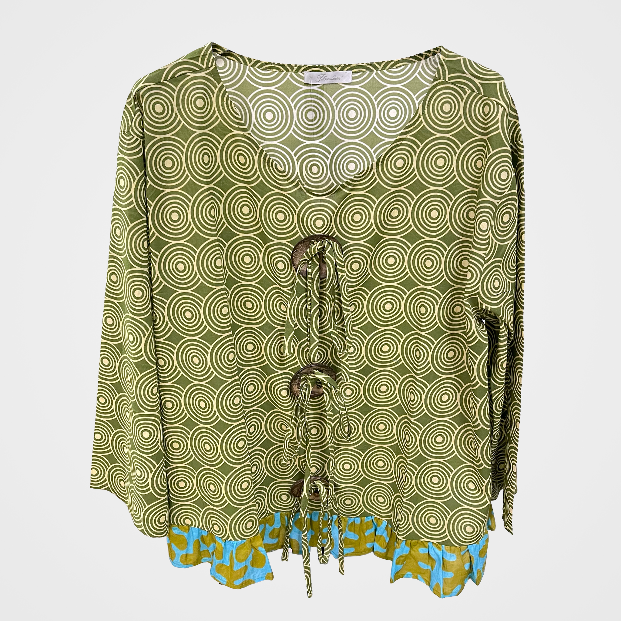 Swirl Print Blouse with Ditsy Print Ruffle Hem | $42 Each