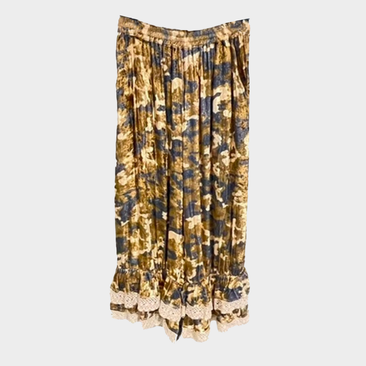 Velvet Ruffle Pants with Abstract Camo Print