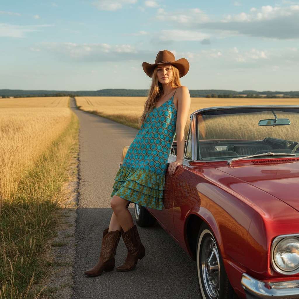 Woman in a cowboy hat and dress standing next to a red classic car on a rural road.