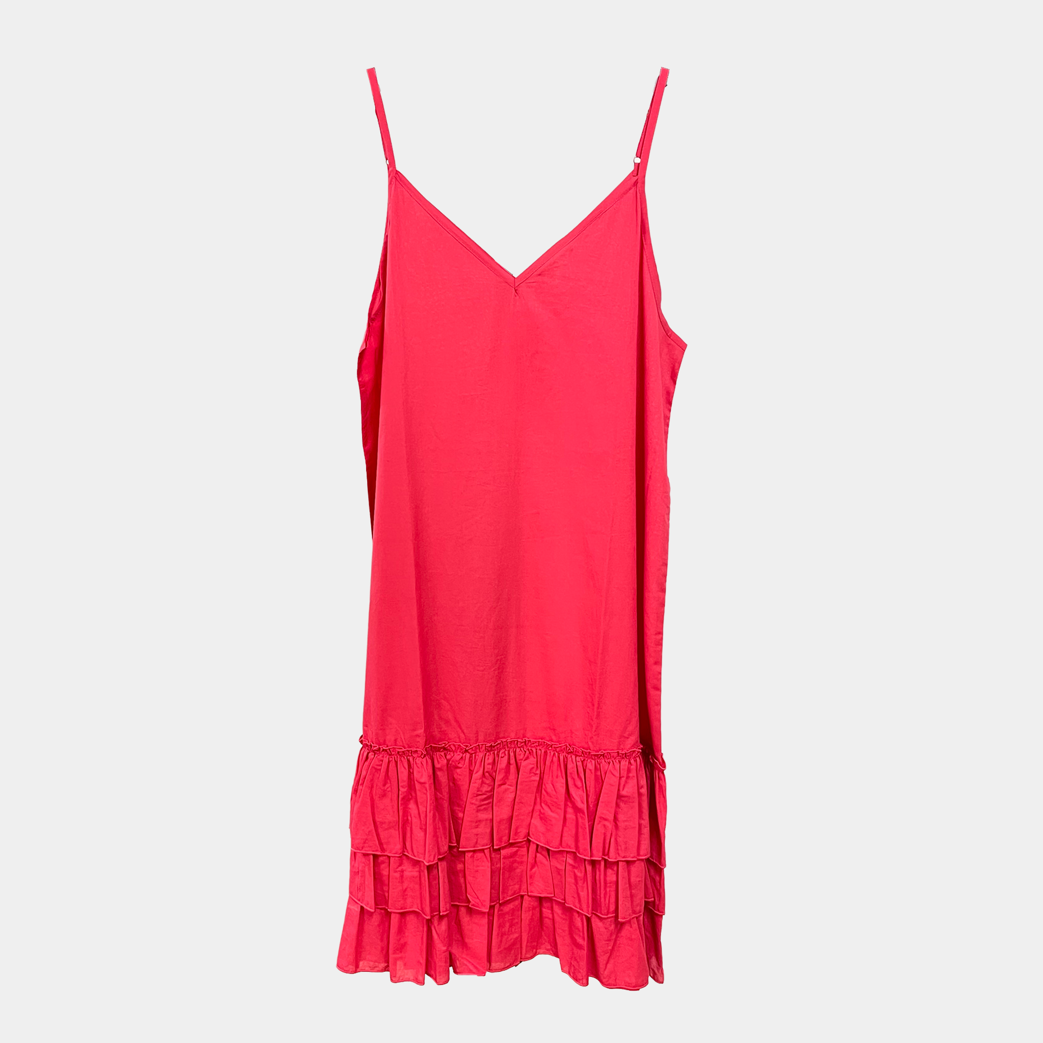 Red pink dress with ruffled hem. Teresa Giamos