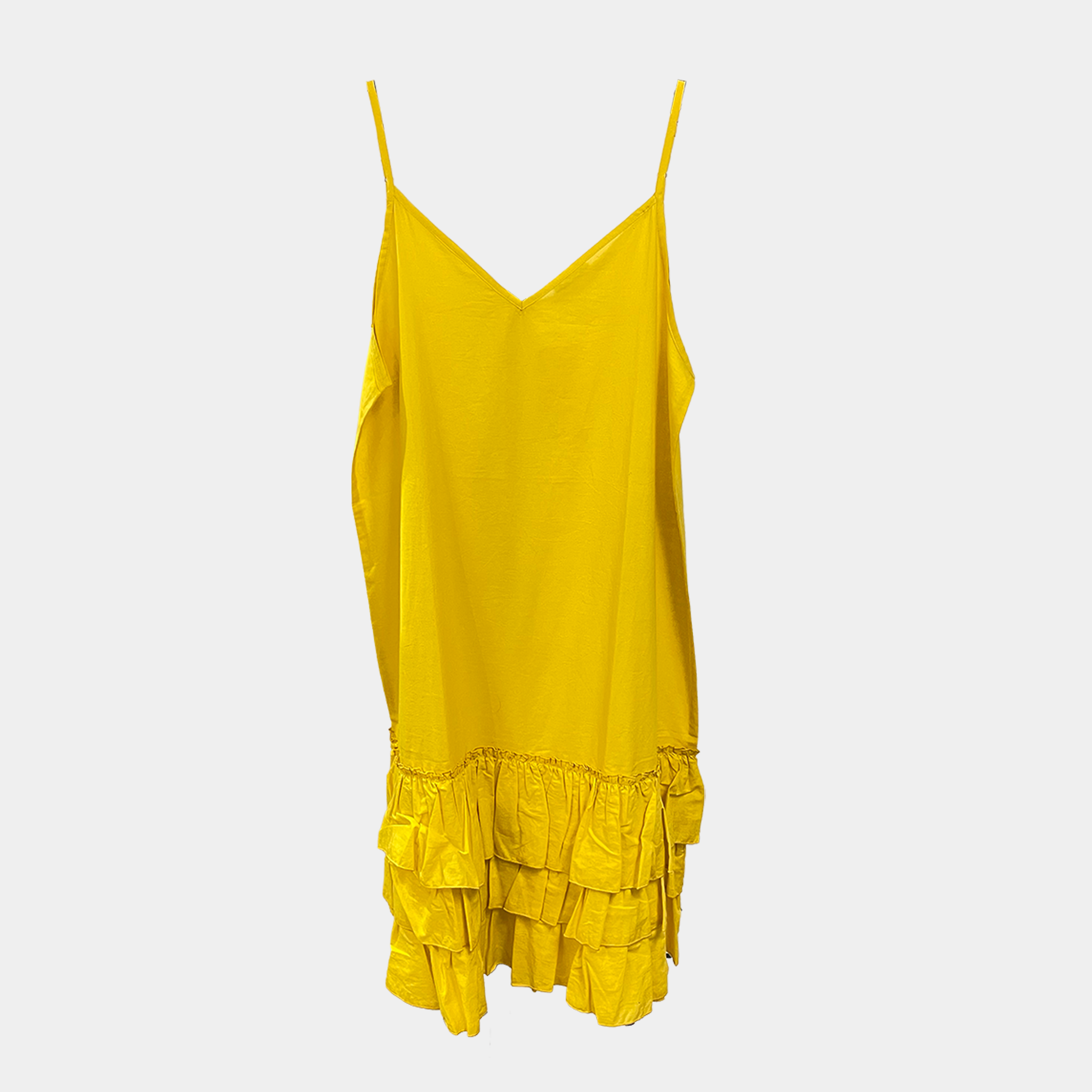 Yellow dress with ruffled layers. Teresa Giamos