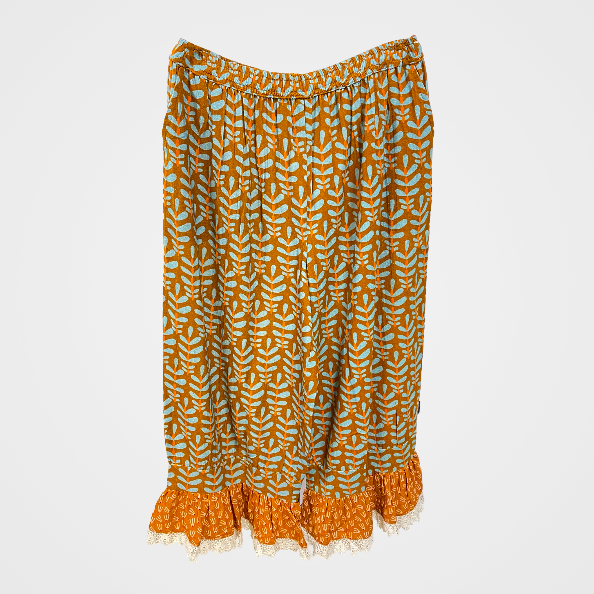 Ruffle Pants in Orange with Soft Blue Botanical Print | $44 Each