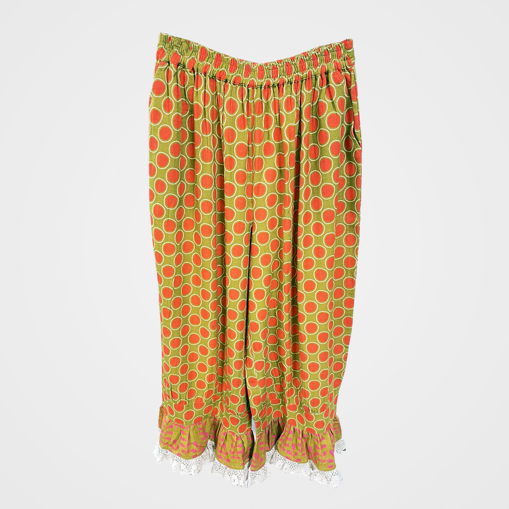 Geometric Dot Pants with Ditsy Print Ruffle Hem | $44 Each