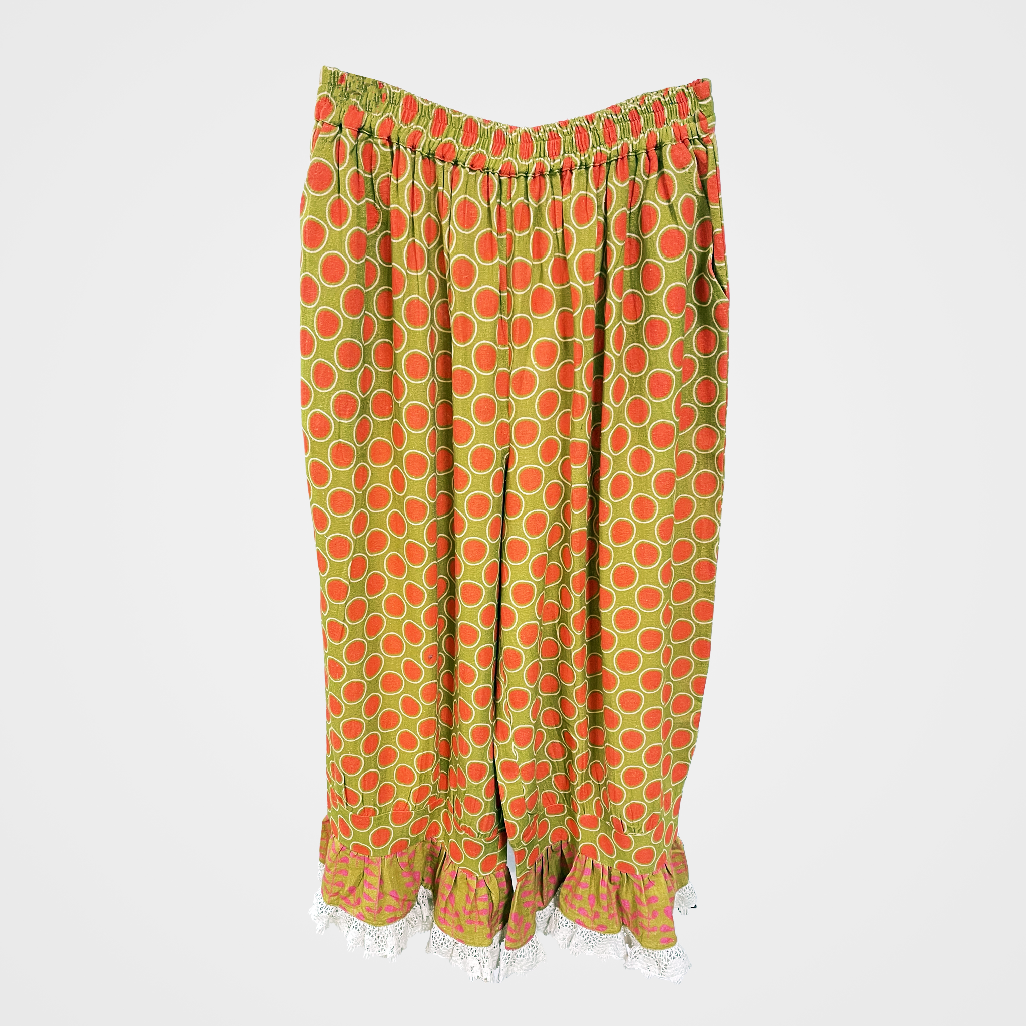 Geometric Dot Pants with Ditsy Print Ruffle Hem | $44 Each