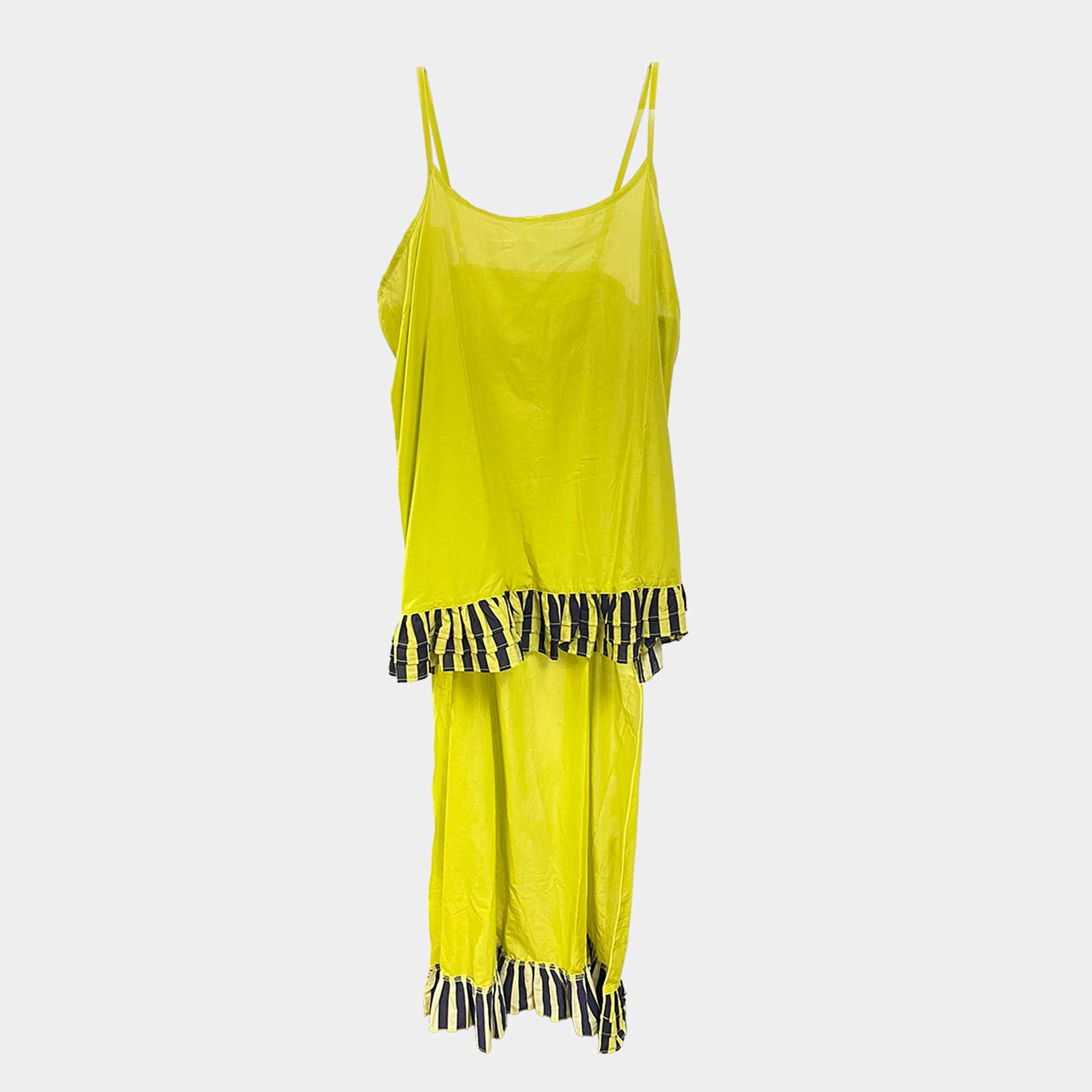 Chartreuse slip hi-lo with striped trim