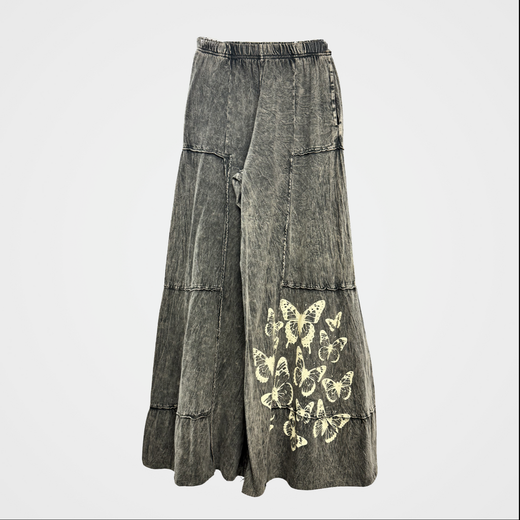 100% Cotton Tiered Wide Leg Pants with Butterflies in Two Colors