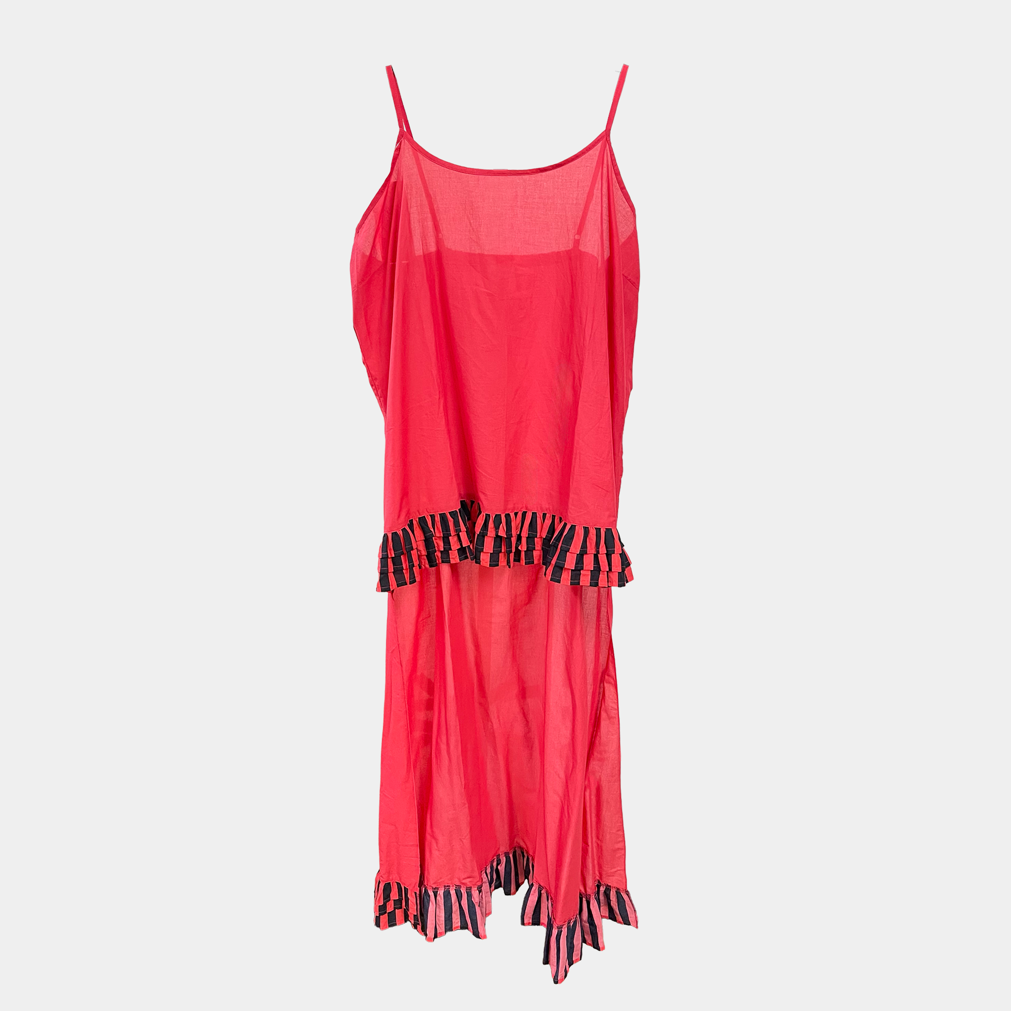 Poppy pink dress with black patterned stripes