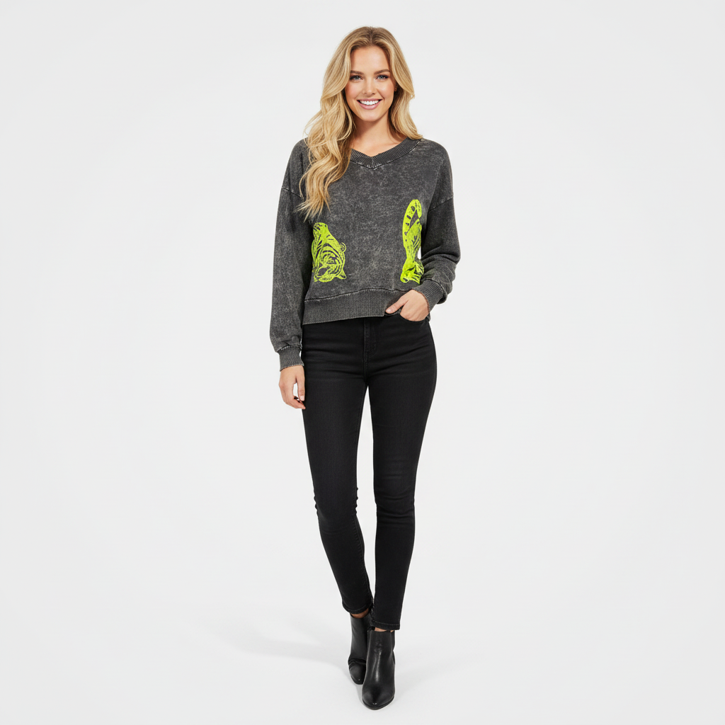 French Terry Mineral Wash Sweatshirt with 2 Tiger Print in 5 Colors
