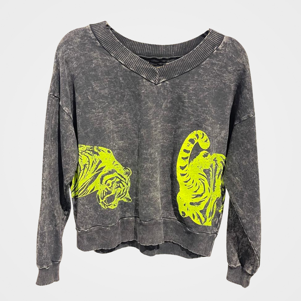 French Terry Mineral Wash Sweatshirt with 2 Tiger Print in 5 Colors