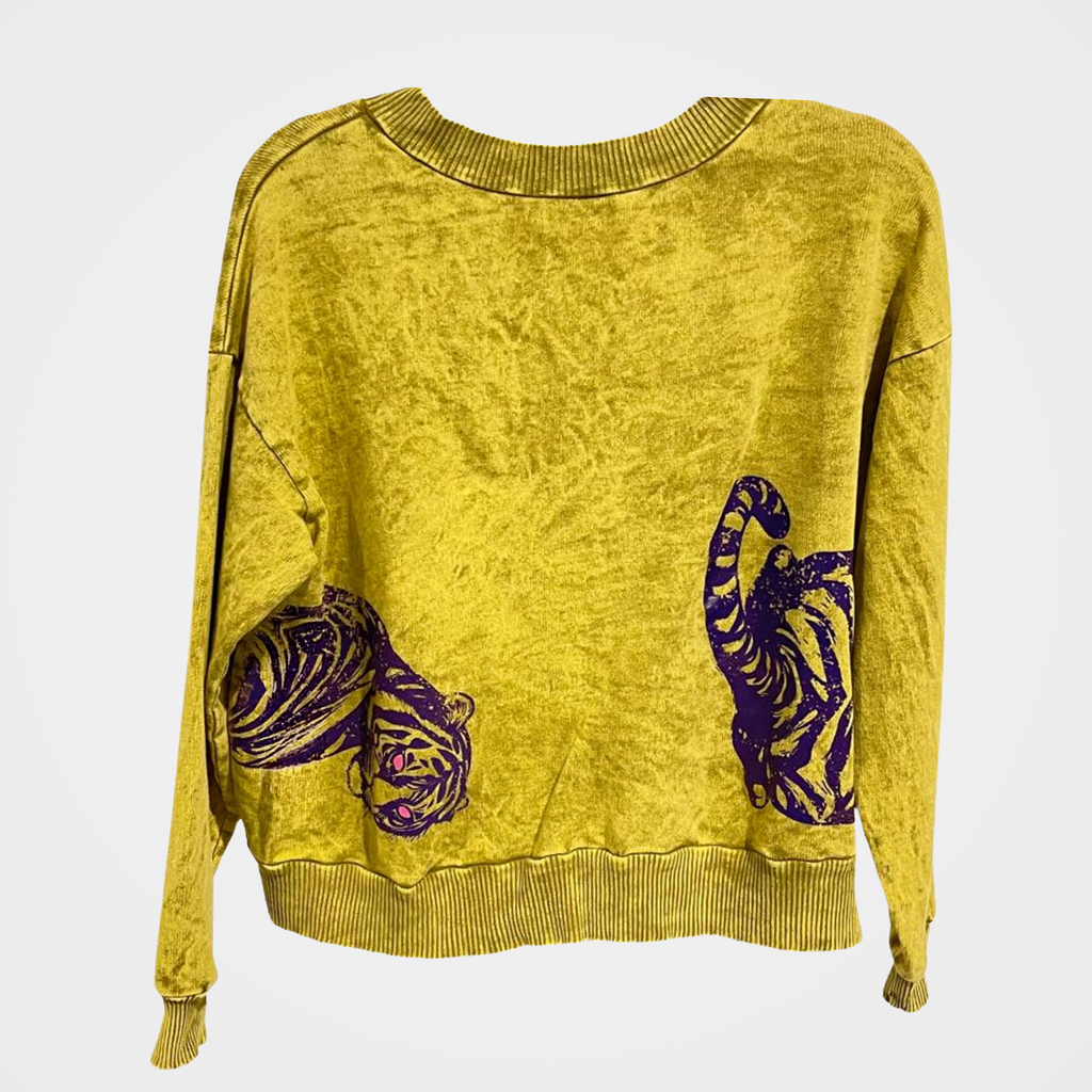 French Terry Mineral Wash Sweatshirt with 2 Tiger Print in 5 Colors