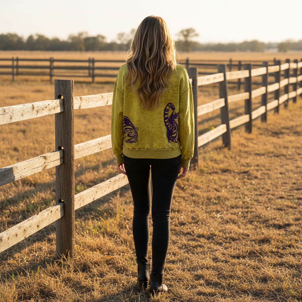 French Terry Mineral Wash Sweatshirt with 2 Tiger Print in 5 Colors