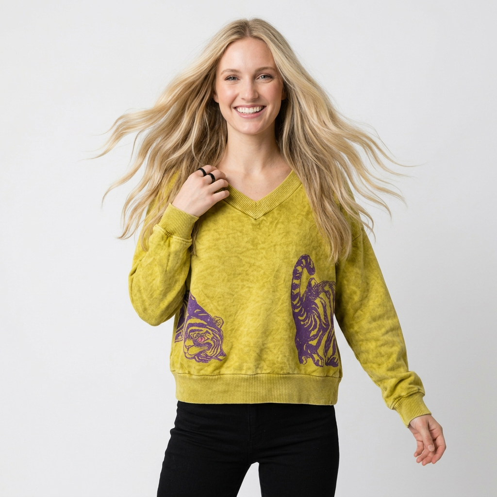 A yellow acid-wash V-neck sweater with purple tiger graphics on the front, displayed against a light gray background.