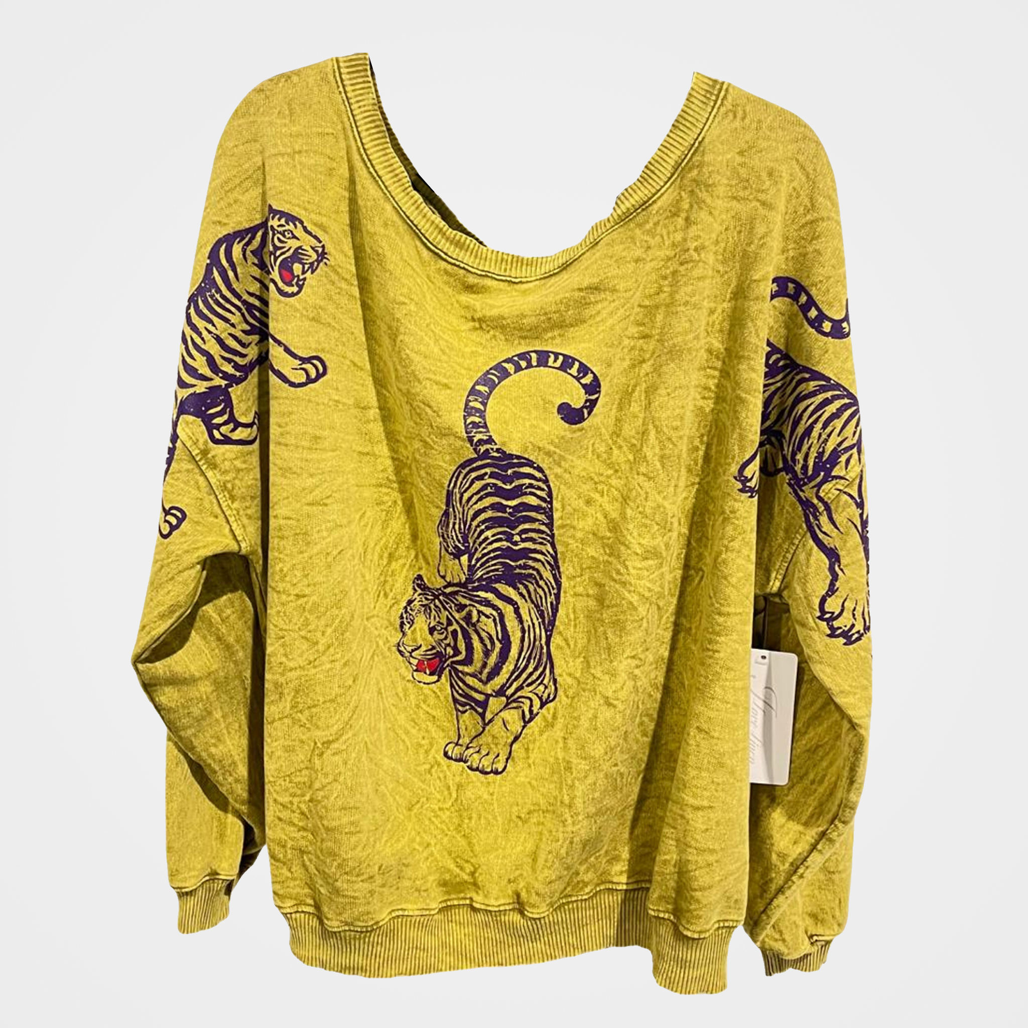 French Terry Mineral Wash Double V-Neck Sweatshirt with 3 Tiger Print in 5 Colors