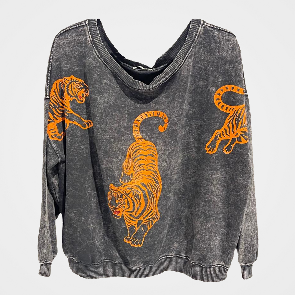 French Terry Mineral Wash Double V-Neck Sweatshirt with 3 Tiger Print in 5 Colors