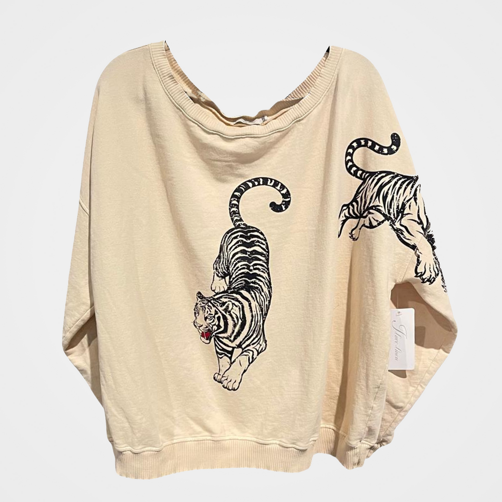 French Terry Mineral Wash Double V-Neck Sweatshirt with 3 Tiger Print in 5 Colors