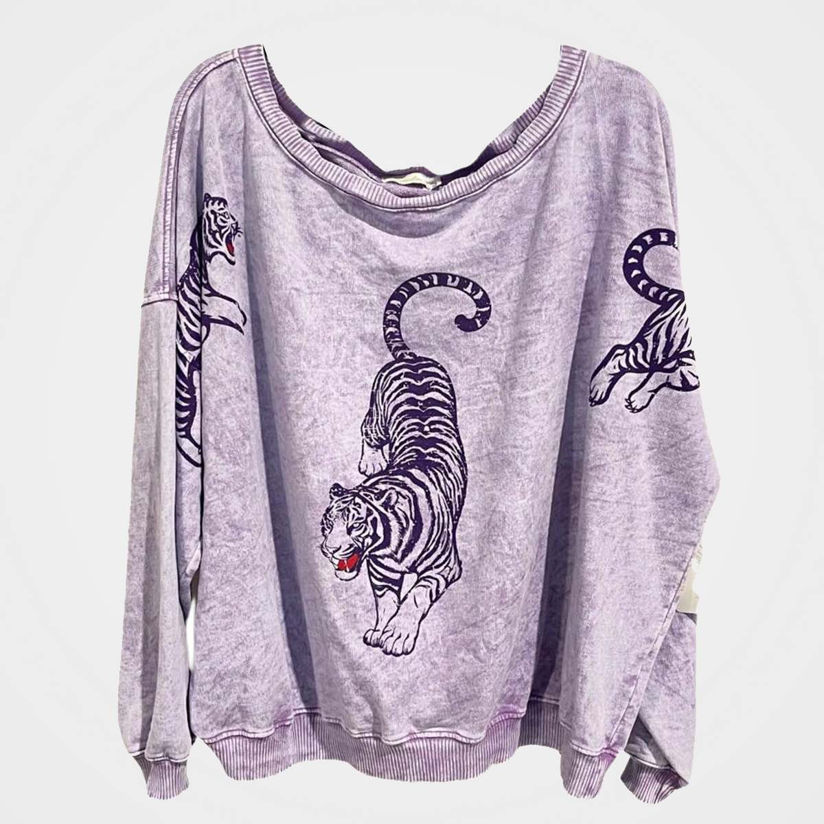 French Terry Mineral Wash Double V-Neck Sweatshirt with 3 Tiger Print in 5 Colors