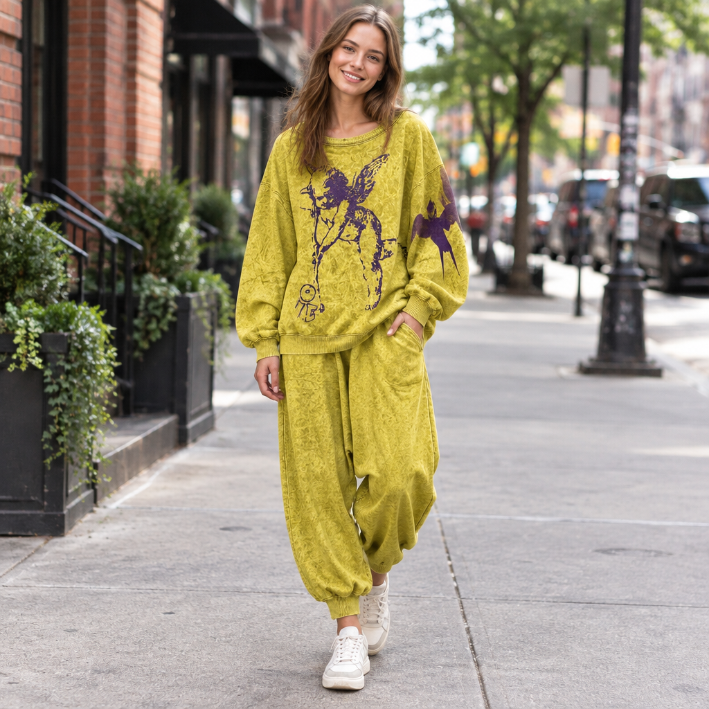 A yellow acid-wash long-sleeve sweatshirt featuring a dark purple graphic of Cupid on the front and a winged figure on the sleeve, displayed against a light gray background.