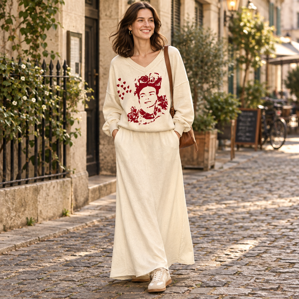 A beige long-sleeve V-neck t-shirt featuring a red graphic print of Frida Kahlo's face with roses and red hearts, displayed against a light gray background.