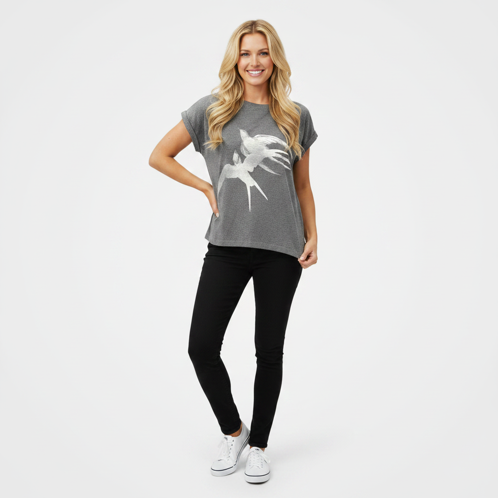 Tee with Two Swallows Print in Three Colors