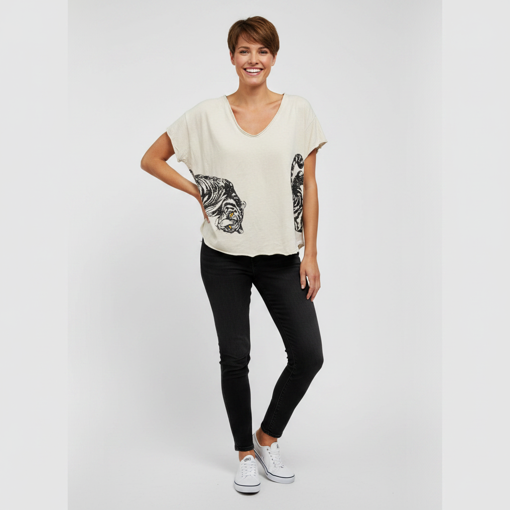 Vintage Style Tee with Tiger Print on Front & Back in Three Colors