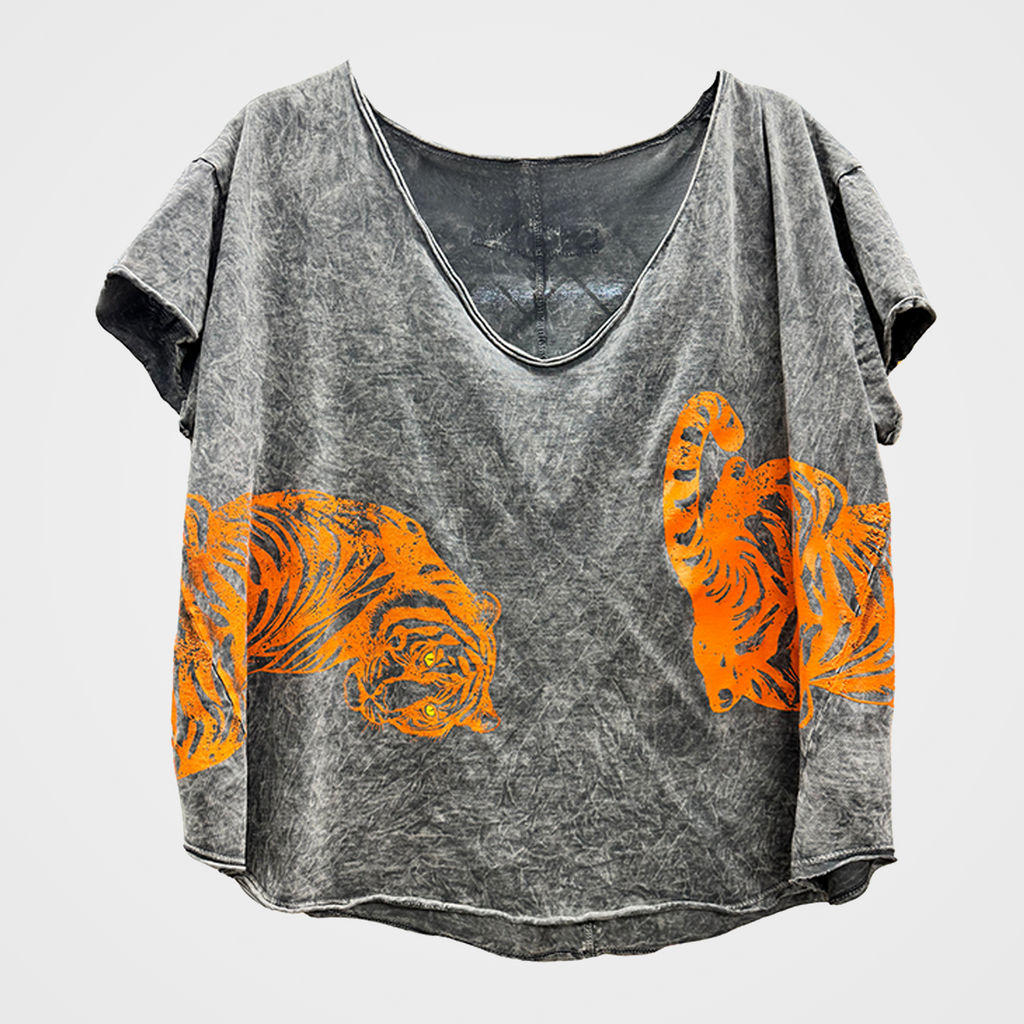 Vintage Style Tee with Tiger Print on Front & Back in Three Colors