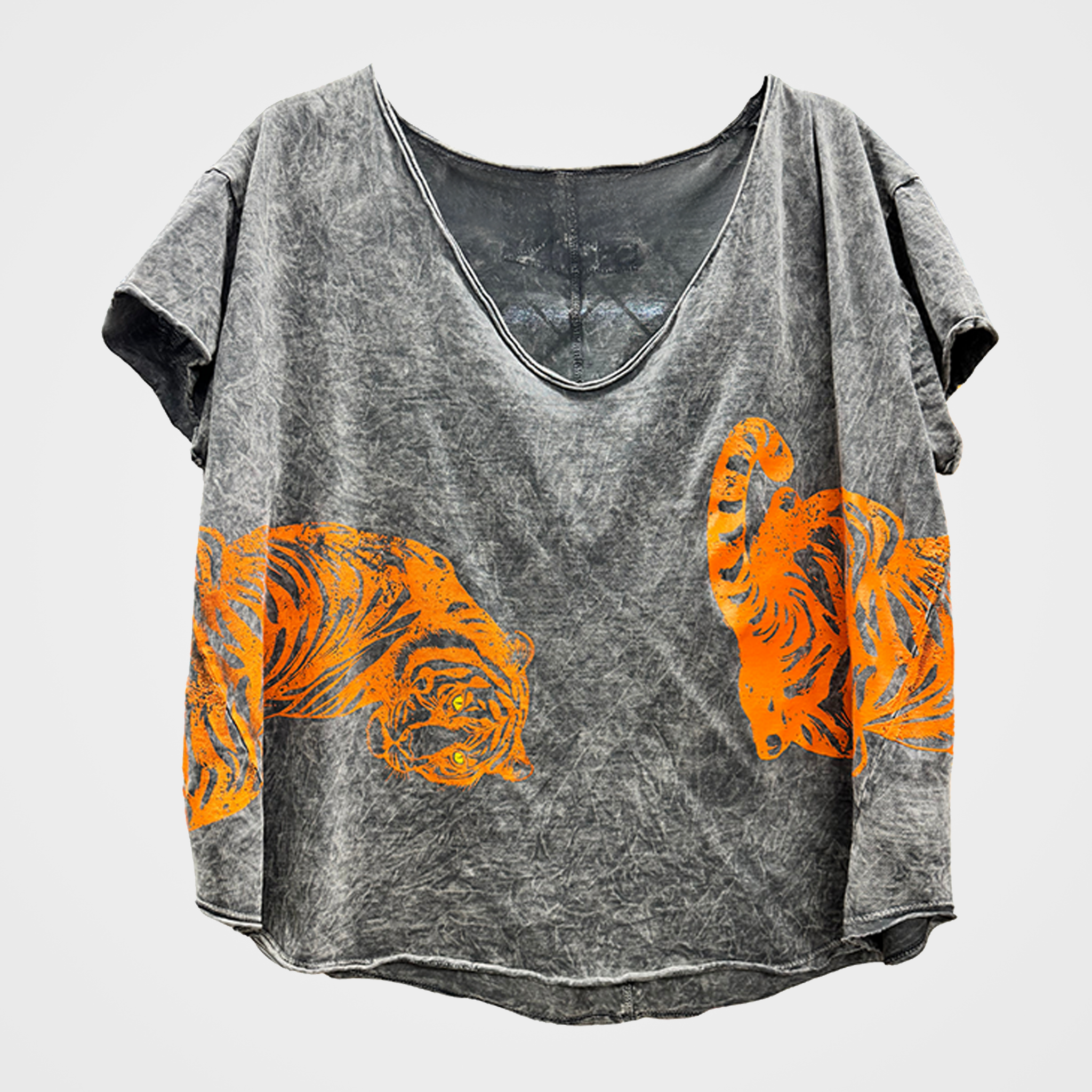 Vintage Style Tee with Tiger Print on Front & Back in Three Colors