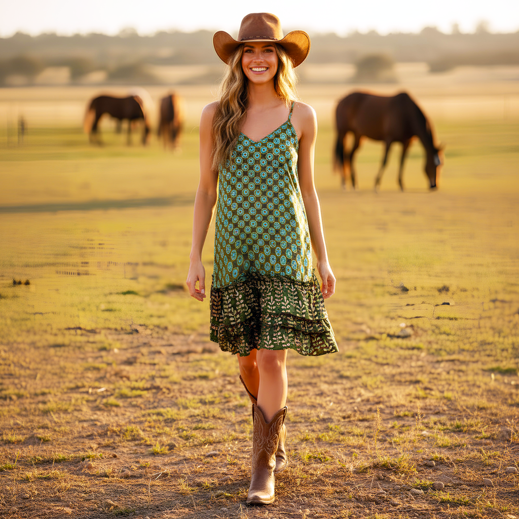 Woman in a green dress and cowboy hat standing in a field with horses in the background
