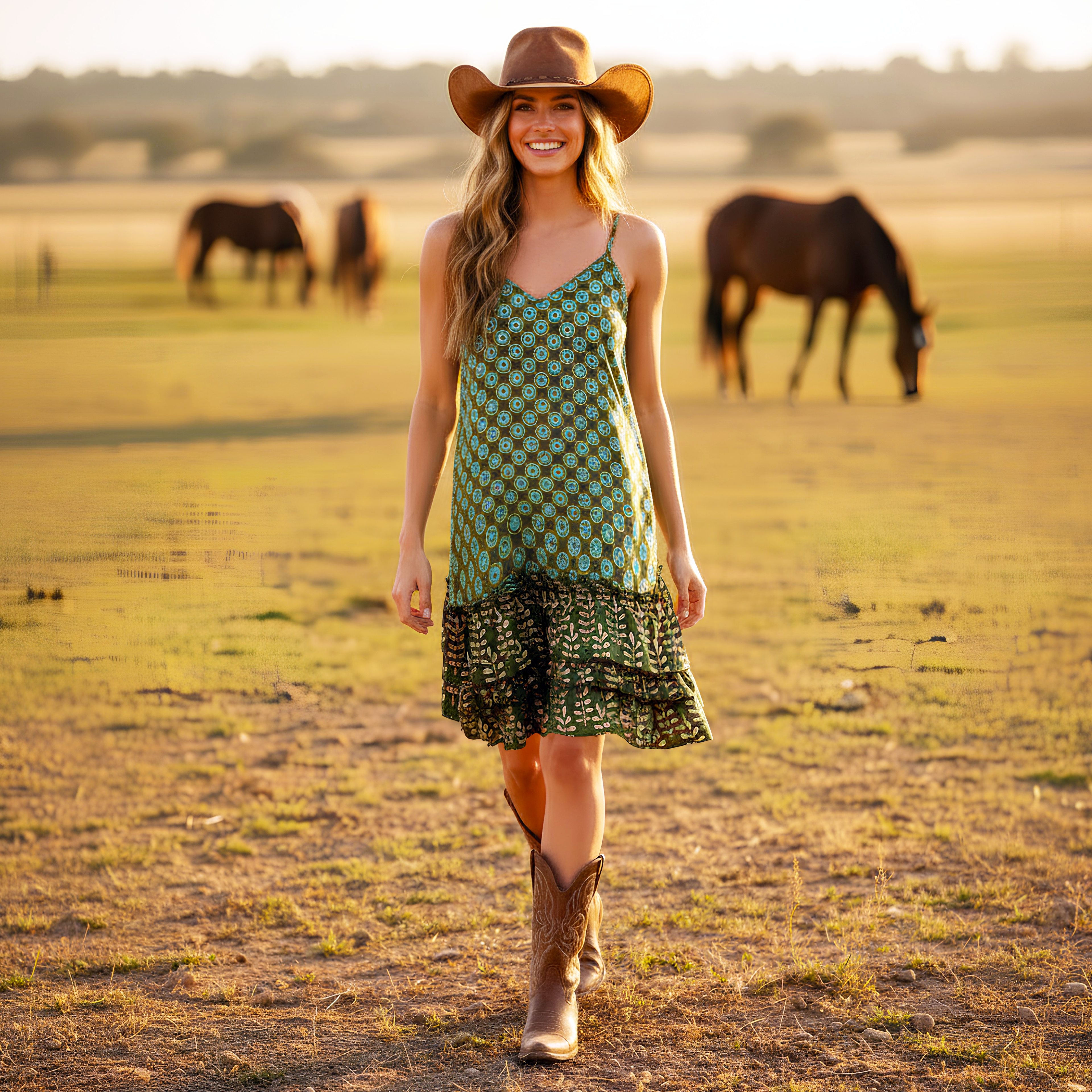 Woman in a green dress and cowboy hat standing in a field with horses in the background