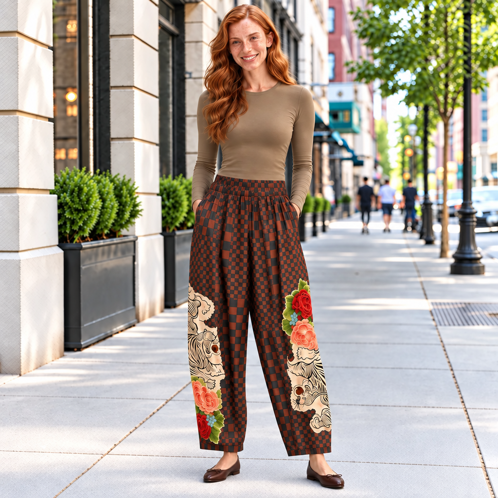 Checkerboard Statement Trousers with Tiger Appliques