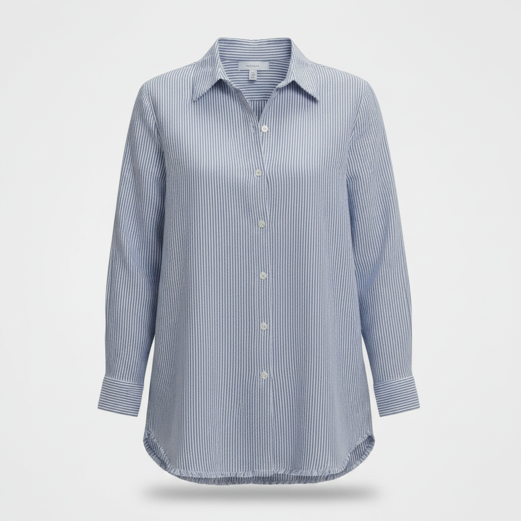 A blue and white vertically striped long-sleeve button-down shirt with a pointed collar, displayed on a clean white background.
