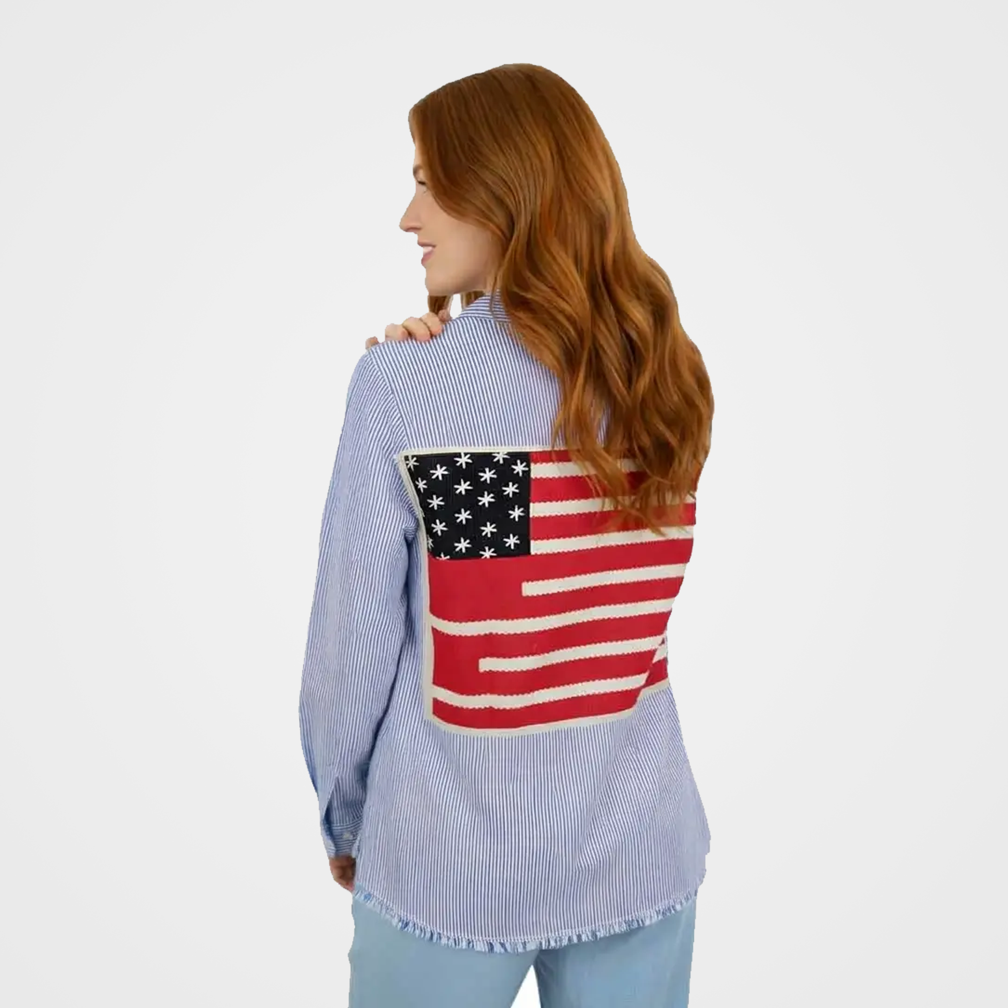 Oversized Pinstripe Button-Up Blouse with Flag Applique | $39 Each