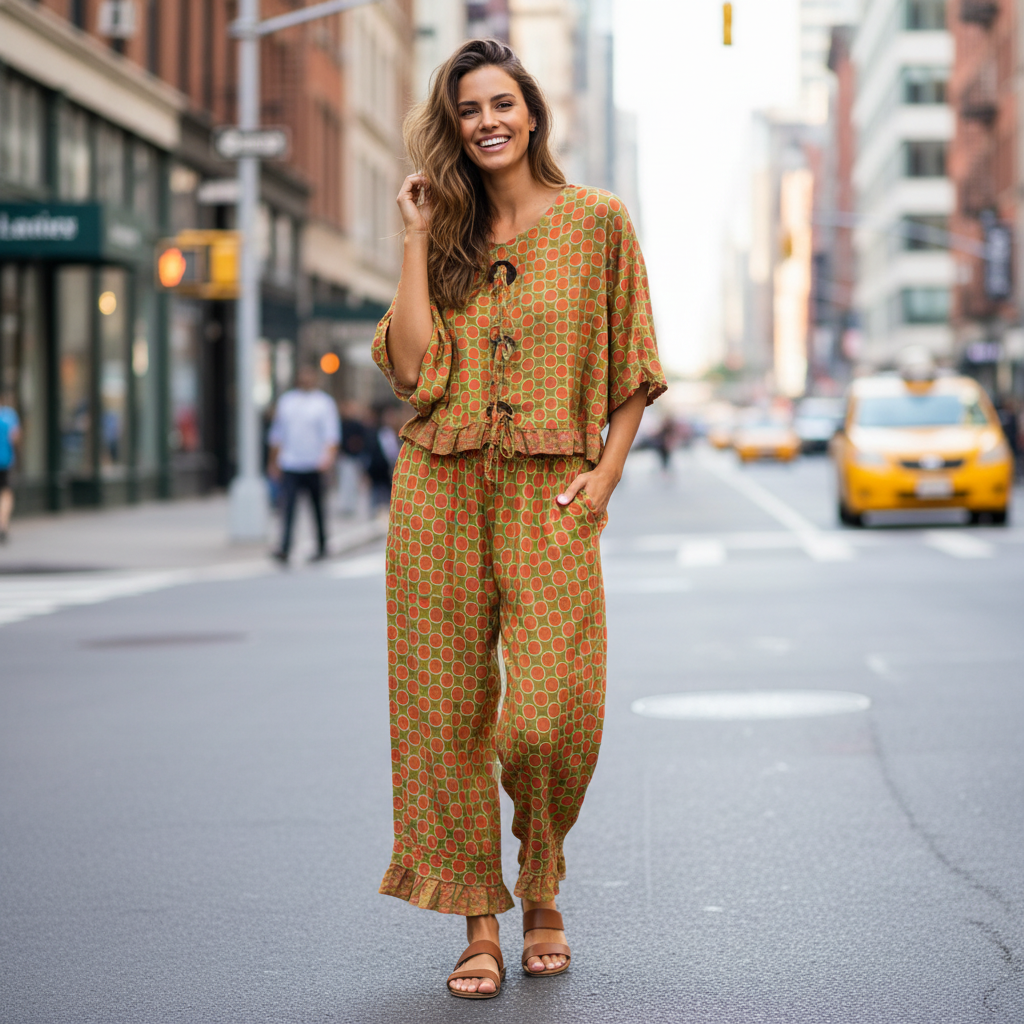 Geometric Dot Pants with Ditsy Print Ruffle Hem | $44 Each