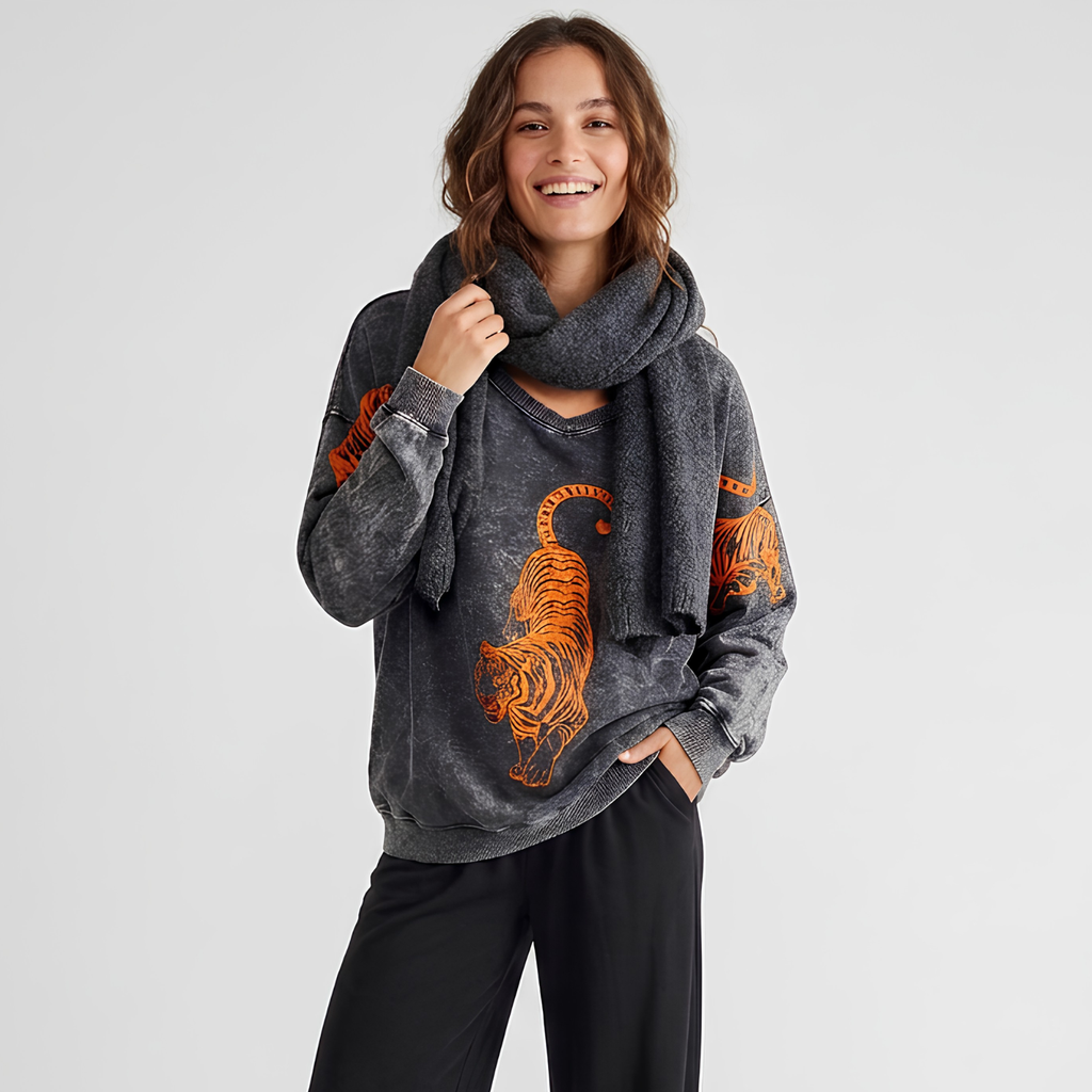 French Terry Sweatshirt with 3-Tigers Print in 5 Colors