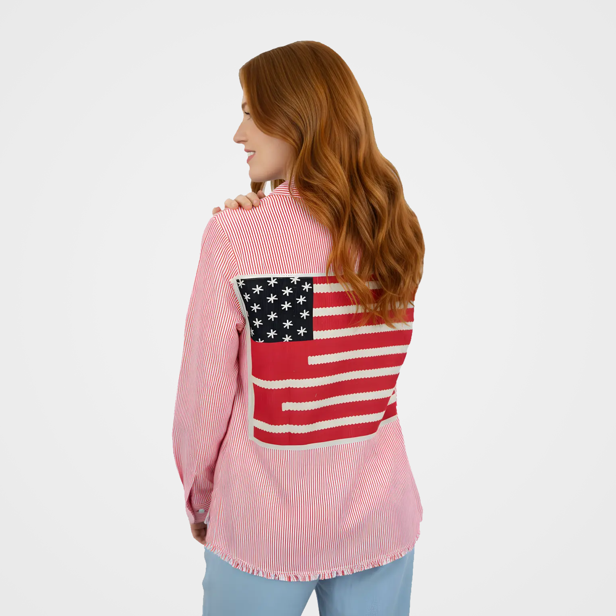 Oversized Pinstripe Button-Up Blouse with Flag Applique | $39 Each