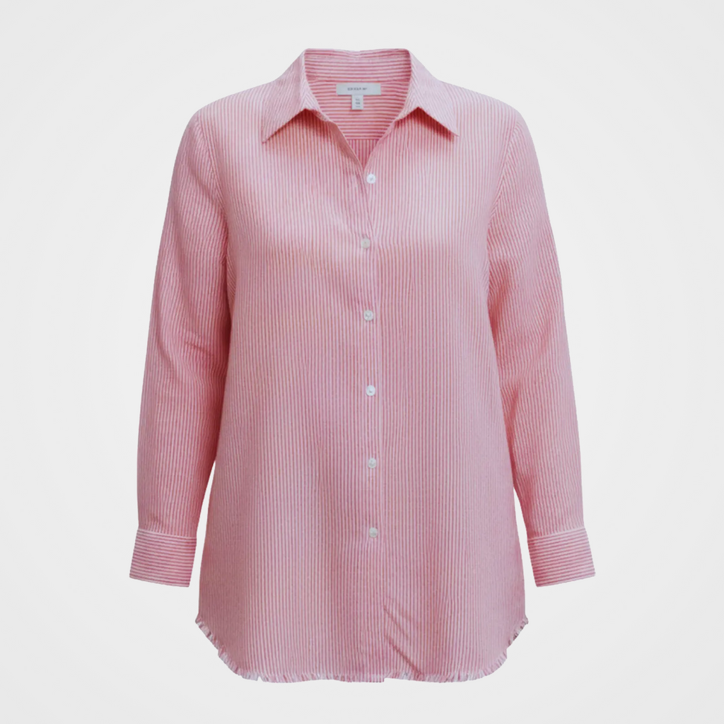 Oversized Pinstripe Button-Up Blouse with Flag Applique | $39 Each