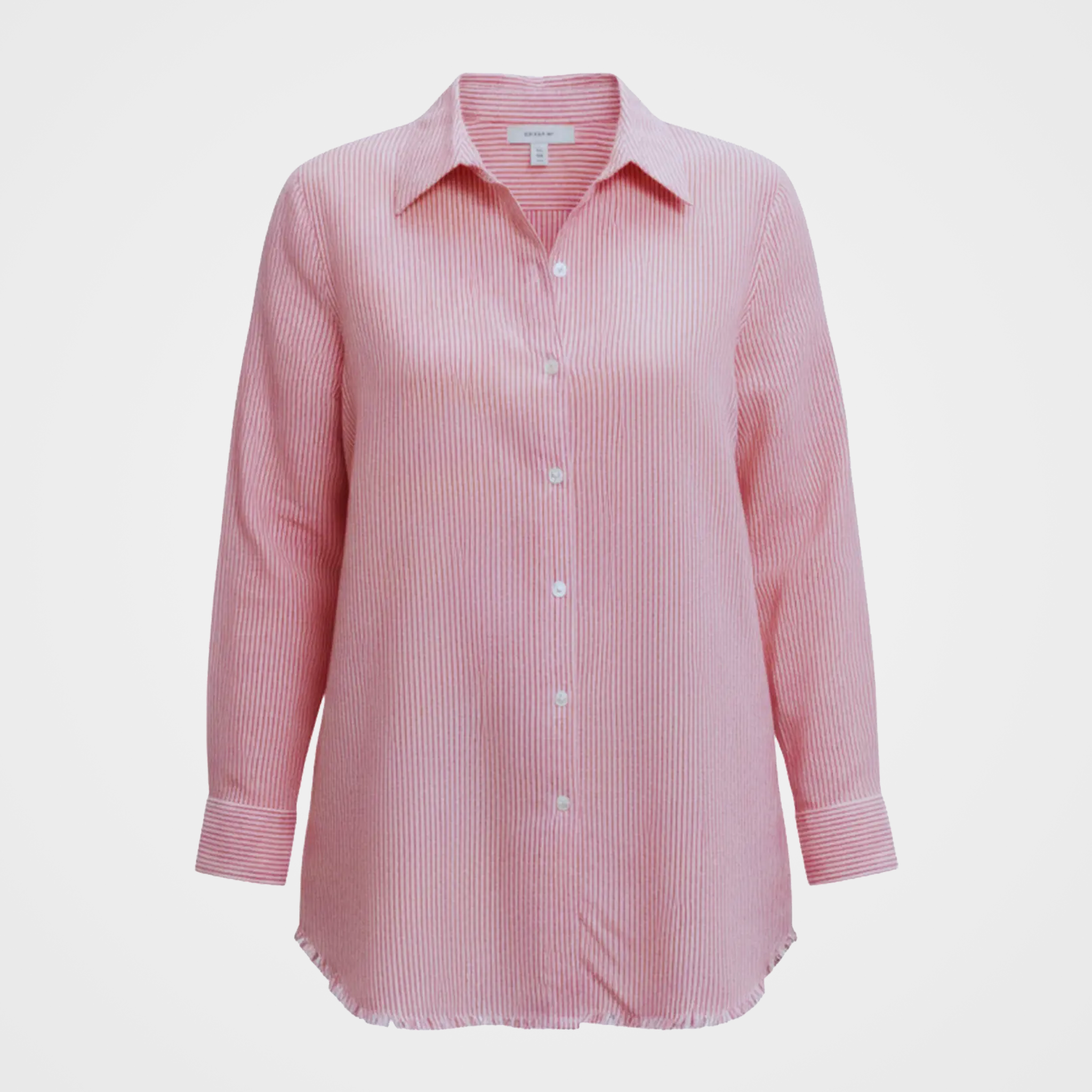 Oversized Pinstripe Button-Up Blouse with Flag Applique | $39 Each