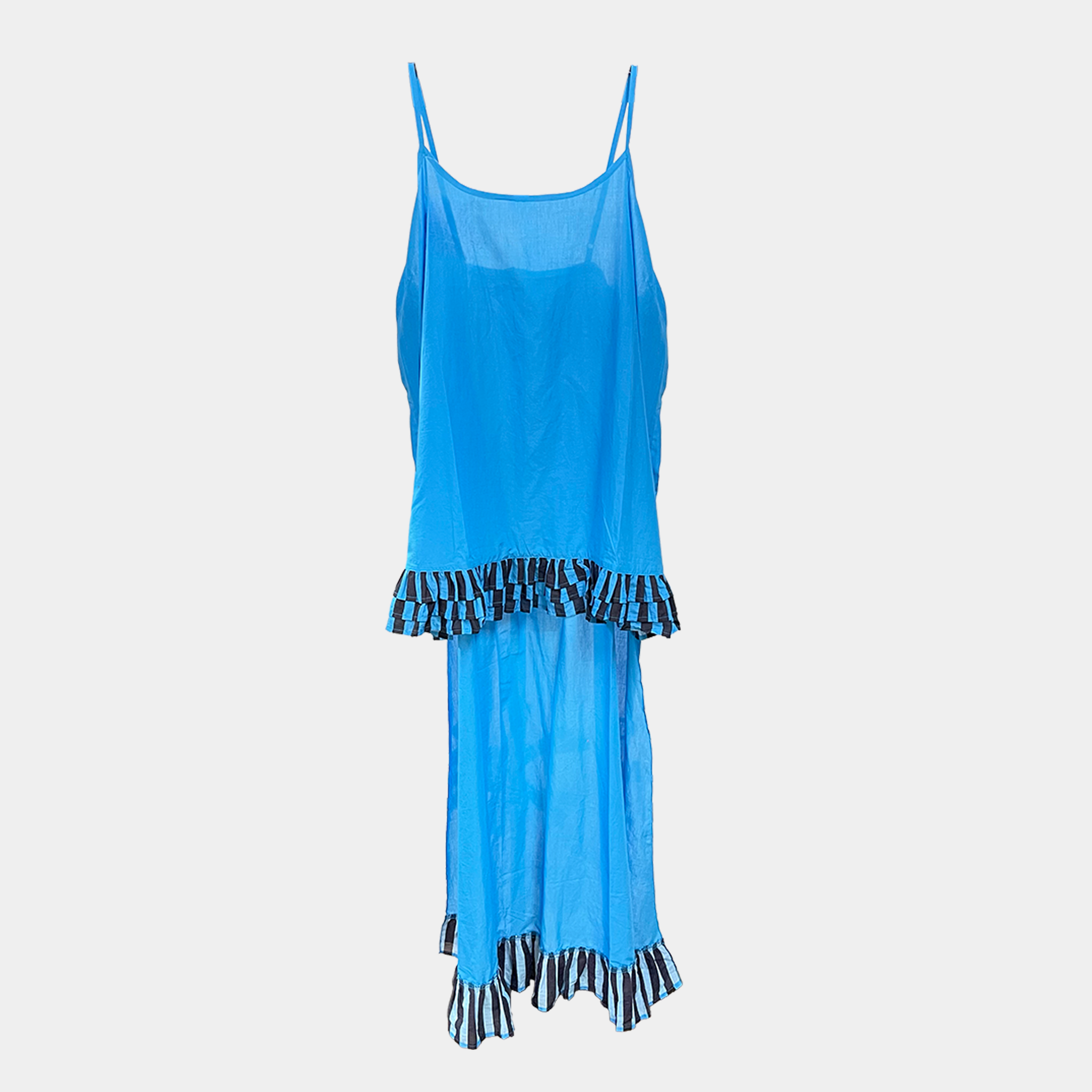 Blue slip hi-lo with striped ruffled hem 